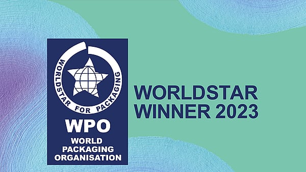 Logo for Worldstar Packaging Award winner 2023 on top of a green, blue and purple brushstroke background